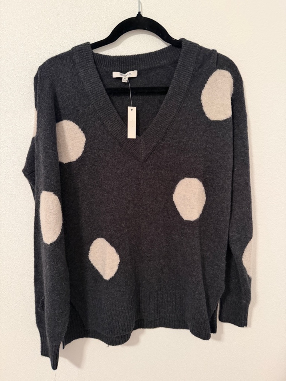 Madewell Charcoal V-Neck Sweater with Cream Polka Dots